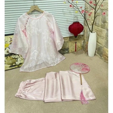 Set Pháp Phục Áo Lam Đi Chùa Hồng Pastel Nhẹ Nhàng - Bộ Mặc Tết Trẻ Trung, 89k