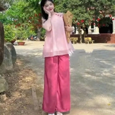 Sét pháp phục đi chùa bigsize 45-90kg - Lam áo tơ voan + quần lụa, set MS317, giá 99.000₫ 5