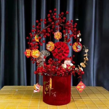 Set phụ kiện chậu đào đông - hoa tết - tháp trang trí, decor phòng, tặng đèn LED, giá ưu đãi 28.200 VND