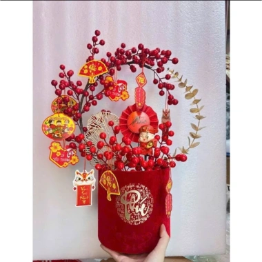 Set phụ kiện chậu đào đông - hoa tết - tháp trang trí, decor phòng, tặng đèn LED, giá ưu đãi 28.200 VND