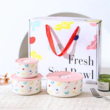 Set quà tặng 3 bát sứ cao cấp Nơ Capybara Mèo có nắp hút chân không phù hợp sinh nhật giảm giá 155k