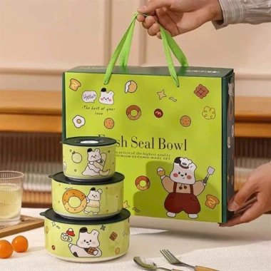Set quà tặng 3 bát sứ cao cấp Nơ Capybara Mèo có nắp hút chân không phù hợp sinh nhật giảm giá 155k