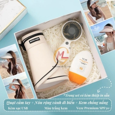 Set quà tặng Bliss & Bless kèm thiệp chúc mừng - Đồ đi biển: quạt, kem chống nắng, mũ rộng vành, bao tay - 249.000đ