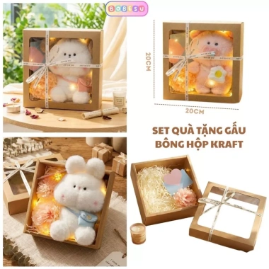 Set Quà Tặng Gấu Bông Hộp Giấy Kraft Mặt Kính - Giá 120.000, Quà Sinh Nhật Valentine Bé và Bạn Gái