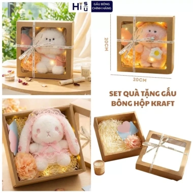 Set Quà Tặng Gấu Bông Hộp Kraft Mặt Kính Cao Cấp kèm Nhiều Phụ Kiện – Quà Sinh Nhật Bé và Bạn Gái, Decor