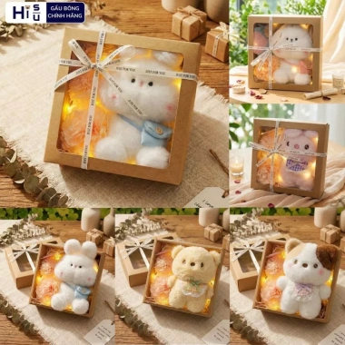 Set Quà Tặng Gấu Bông Hộp Kraft Mặt Kính Cao Cấp kèm Nhiều Phụ Kiện – Quà Sinh Nhật Bé và Bạn Gái, Decor