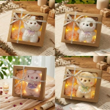 Set Quà Tặng Gấu Bông Hộp Kraft Mặt Kính Cao Cấp kèm Nhiều Phụ Kiện – Quà Sinh Nhật Bé và Bạn Gái, Decor