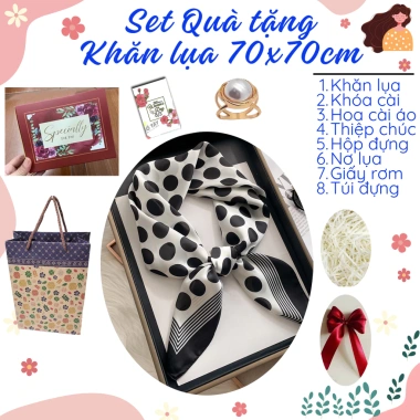 Set Quà Tặng Khăn Lụa 70x70cm + Hộp Túi Thiệp - Quà Phụ Nữ, Sinh Nhật, Cảm Ơn - Giá 143.500₫ 10 Set Quà Tặng Khăn Lụa 70x70cm + Hộp Túi Thiệp - Quà Phụ Nữ, Sinh Nhật, Cảm Ơn - Giá 143.500₫ 10