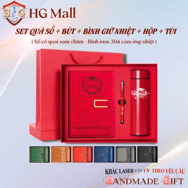 Set Quà Tặng Sổ Quai Từ Tính + Bút Ký + Bình Giữ Nhiệt Cảm Ứng Khắc Tên/Logo Quà Thầy Cô