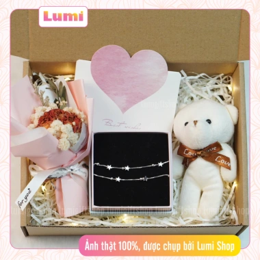 Set quà trang sức Lumi: vòng tay, dây chuyền Hello Kitty hoa gấu, hộp quà 119k