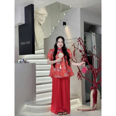 Set Tết 199k – Áo cách tân hoa sang trọng + Quần suông lụa nhẹ, giá ưu đãi