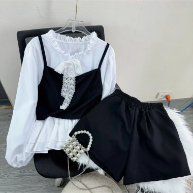 Set Tết Áo Bigsize Nữ Vintage Giả Yếm Nơ Ren Cổ Bèo Tay Dài và Quần Hàn Quốc