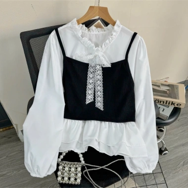 Set Tết Áo Bigsize Nữ Vintage Giả Yếm Nơ Ren Cổ Bèo Tay Dài và Quần Hàn Quốc