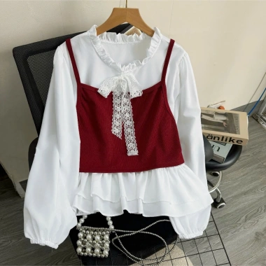 Set Tết Áo Bigsize Nữ Vintage Giả Yếm Nơ Ren Cổ Bèo Tay Dài và Quần Hàn Quốc