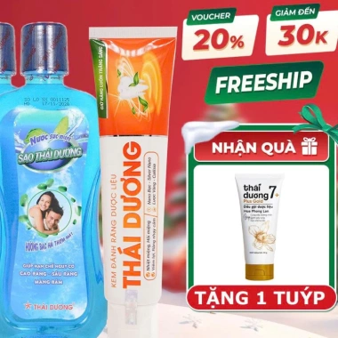 Set Thái Dương 150g + Nước súc miệng bạc hà, tặng Dầu gội 7 Plus 50g – Giá 150.000₫ 10 Set Thái Dương 150g + Nước súc miệng bạc hà, tặng Dầu gội 7 Plus 50g – Giá 150.000₫ 10