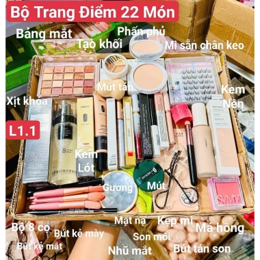 Set trang điểm mi sẵn, chân keo, kem nền, phấn phủ, má hồng, bảng mắt, son, cọ - 139.000₫