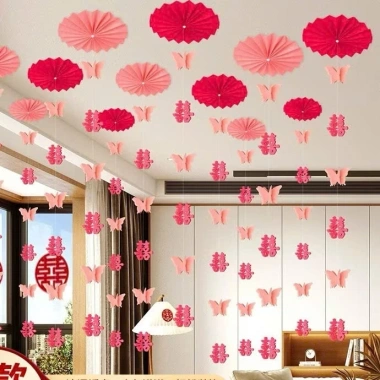 Sét trang trí cưới hỏi, Tết 2.026, quạt giấy gấp sẵn, dây bướm Hỷ 3D – Giá 29.000 VNĐ