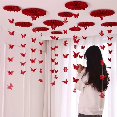 Sét trang trí cưới hỏi, Tết 2.026, quạt giấy gấp sẵn, dây bướm Hỷ 3D – Giá 29.000 VNĐ