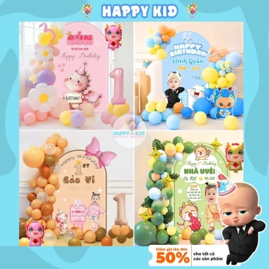Set trang trí sinh nhật thôi nôi, rồng kèm bạt chibi hashtag HAPPYKID PARTY