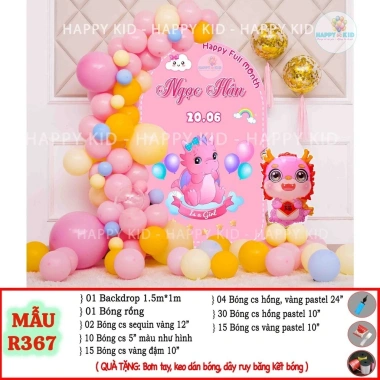 Set trang trí sinh nhật thôi nôi, rồng kèm bạt chibi hashtag HAPPYKID PARTY