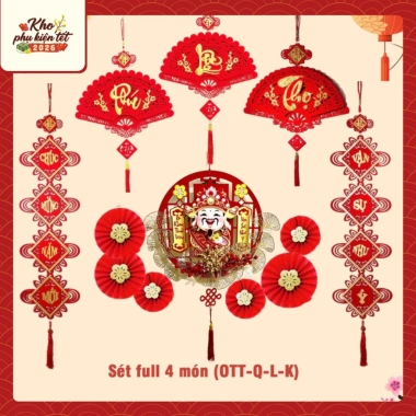 Sét Trang Trí Tết 2.026 Ông Thần Tài 1 Cặp Liễng Nhung và Set Khánh Quạt Phúc Lộc Giá Ưu Đãi