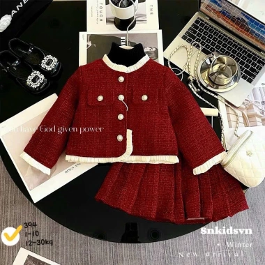 Set Váy Dạ Đỏ Tiểu Thư Tết Bé Gái - Áo Khoác Nhung & Chân Váy Xếp Ly Sang Trọng, Giá 245k