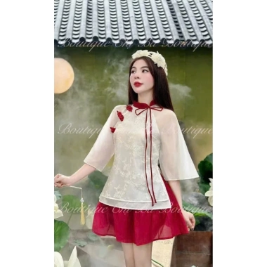 Sét váy Tết áo kem viền đỏ đính nơ tay loe chân váy ngắn tùng xòe 178.030 VND 5 Sét váy Tết áo kem viền đỏ đính nơ tay loe chân váy ngắn tùng xòe 178.030 VND 5