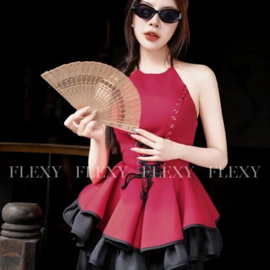 Set yếm váy Huyền Đàm FLEXY đỏ đô, mắt cáo vàng, vải xược tơ - Ưu đãi Tết 599k