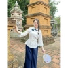 Siêu phẩm đồ lam thời trang đi chùa, Đũi xước cổ tàu, nút mây, thêu hình, quần dài ống rộng