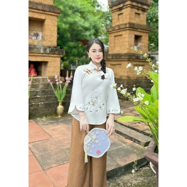 Siêu phẩm đồ lam thời trang đi chùa, Đũi xước cổ tàu, nút mây, thêu hình, quần dài ống rộng 2