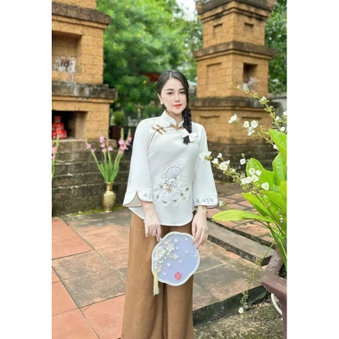 Siêu phẩm đồ lam thời trang đi chùa, Đũi xước cổ tàu, nút mây, thêu hình, quần dài ống rộng 8