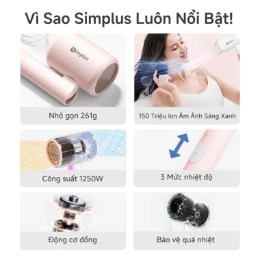 Simplus Máy Sấy Tóc Gấp Gọn 800W Ion Âm 3 Chế Độ Gió Bảo Vệ Tóc Giá 329.000 VND