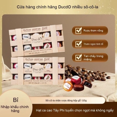 Sô cô la nhân rượu Ducdo nhập khẩu Bỉ, hộp gỗ sang trọng 125g - Giá ưu đãi 565.500₫