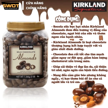 Socola sữa hạnh nhân Kirkland Mỹ - Milk Chocolate Almonds, nhân hạt giòn béo, chỉ 289.000đ