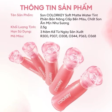 Son Kem Lì Colorkey Soft Matte Water Tint Lên Màu Chuẩn, Mịn Môi, Không Khô, Lâu Trôi, Bản Nâng Cấp 165k