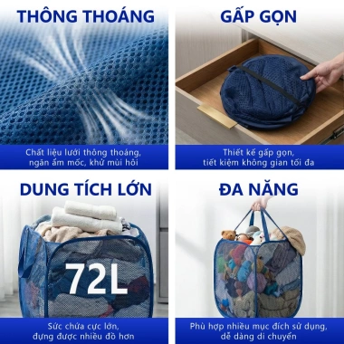 Sọt lưới đựng quần áo giặt 72L thoáng khí, gấp gọn thông minh, túi giỏ cứng cáp - Giá ưu đãi 51.300đ 4