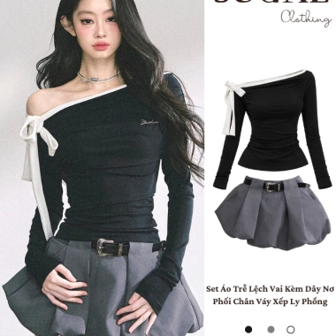 SUGAL Set Áo Thun Trễ Lệch Vai kèm Dây Nơ, Đai và Chân Váy Xếp Ly Phồng Giảm giá trước Tết