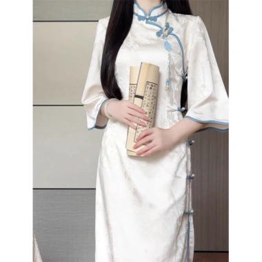 Sườn xám Tay Lỡ viền xanh phong cách thanh lịch size 45‑60kg giá ưu đãi 520k 5