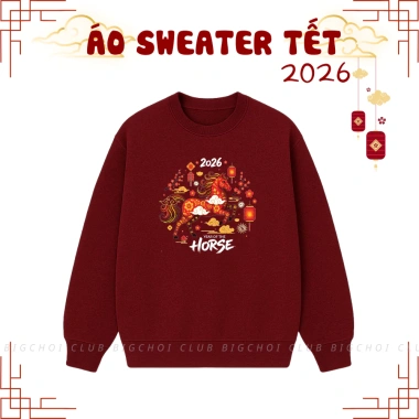 Sweater áo Tết họa tiết ngựa 2.026 nỉ bông dày dặn - Quà tặng du xuân gia đình