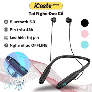 Tai nghe đeo cổ không dây Bluetooth 5.3 - Mic, thẻ nhớ, pin lâu, phù hợp iPhone & Android, chạy bộ, nhét tai iCast