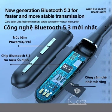 Tai nghe đeo cổ không dây Bluetooth 5.3 - Mic, thẻ nhớ, pin lâu, phù hợp iPhone & Android, chạy bộ, nhét tai iCast