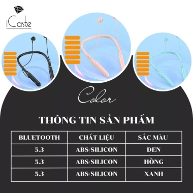 Tai nghe đeo cổ không dây Bluetooth 5.3 - Mic, thẻ nhớ, pin lâu, phù hợp iPhone & Android, chạy bộ, nhét tai iCast