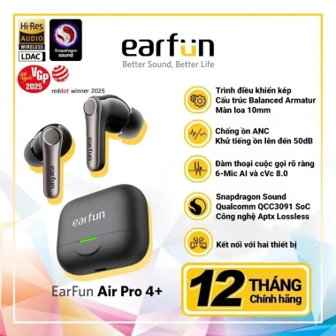 Tai nghe Earfun Air Pro 4+ Bluetooth ANC 50dB, loa kép, aptX/LDAC, pin 54h – 2.49 triệu