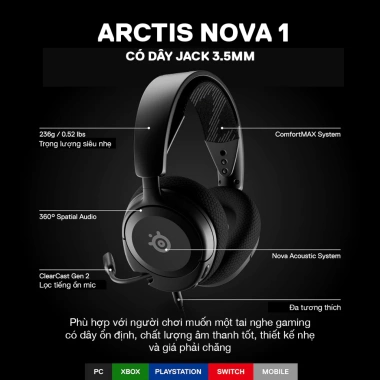 Tai nghe gaming có dây SteelSeries Arctis Nova 1 Âm thanh Nova khử ồn AI jack 3.5mm giảm 22%