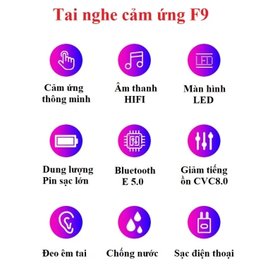 Tai Nghe TWS F9 Bluetooth 5.3 Cảm Ứng, Tăng Giảm Âm Lượng, HIFI - Giá 119k