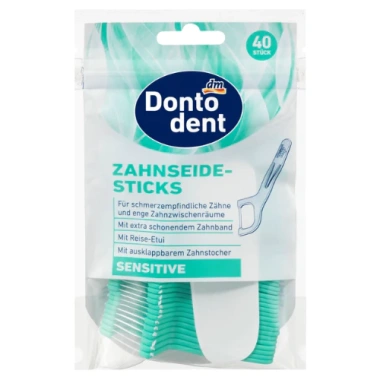 Tăm chỉ nha khoa Dontodent Đức 2 in 1, vệ sinh răng & kẽ răng, túi 40 cây: 63.000₫