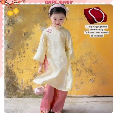 Tặng bờm vòng ngọc - Bộ áo dài Thanh Liễu bé gái, lụa gấm thọ ánh kim, 168k