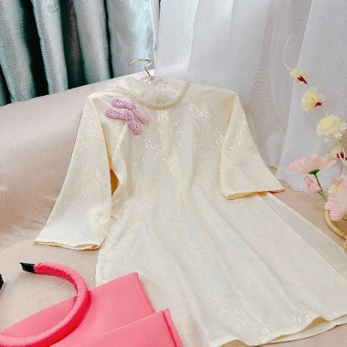 Tặng bờm vòng ngọc - Bộ áo dài Thanh Liễu bé gái, lụa gấm thọ ánh kim, 168k
