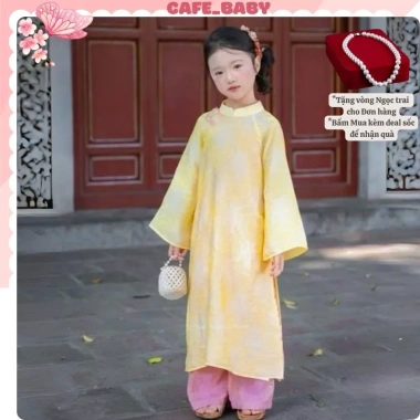 Tặng bờm vòng ngọc - Bộ áo dài Thanh Liễu bé gái, lụa gấm thọ ánh kim, 168k