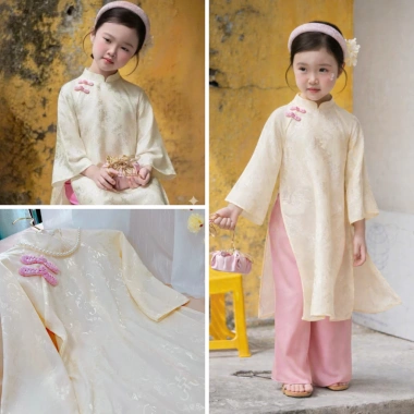 Tặng bờm vòng ngọc - Bộ áo dài Thanh Liễu bé gái, lụa gấm thọ ánh kim, 168k